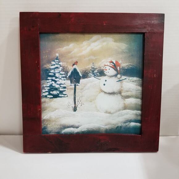 Rustic framed in dark red wood signed print of a snowman - Picture 1 of 8